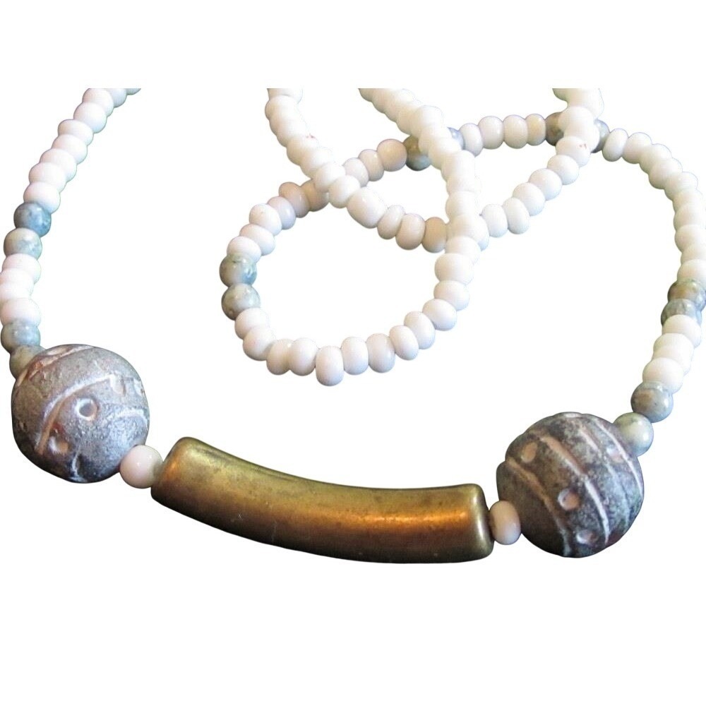 Boho Beaded Necklace Brass Tube Accent Gray Stone Beads‎ White Beads
